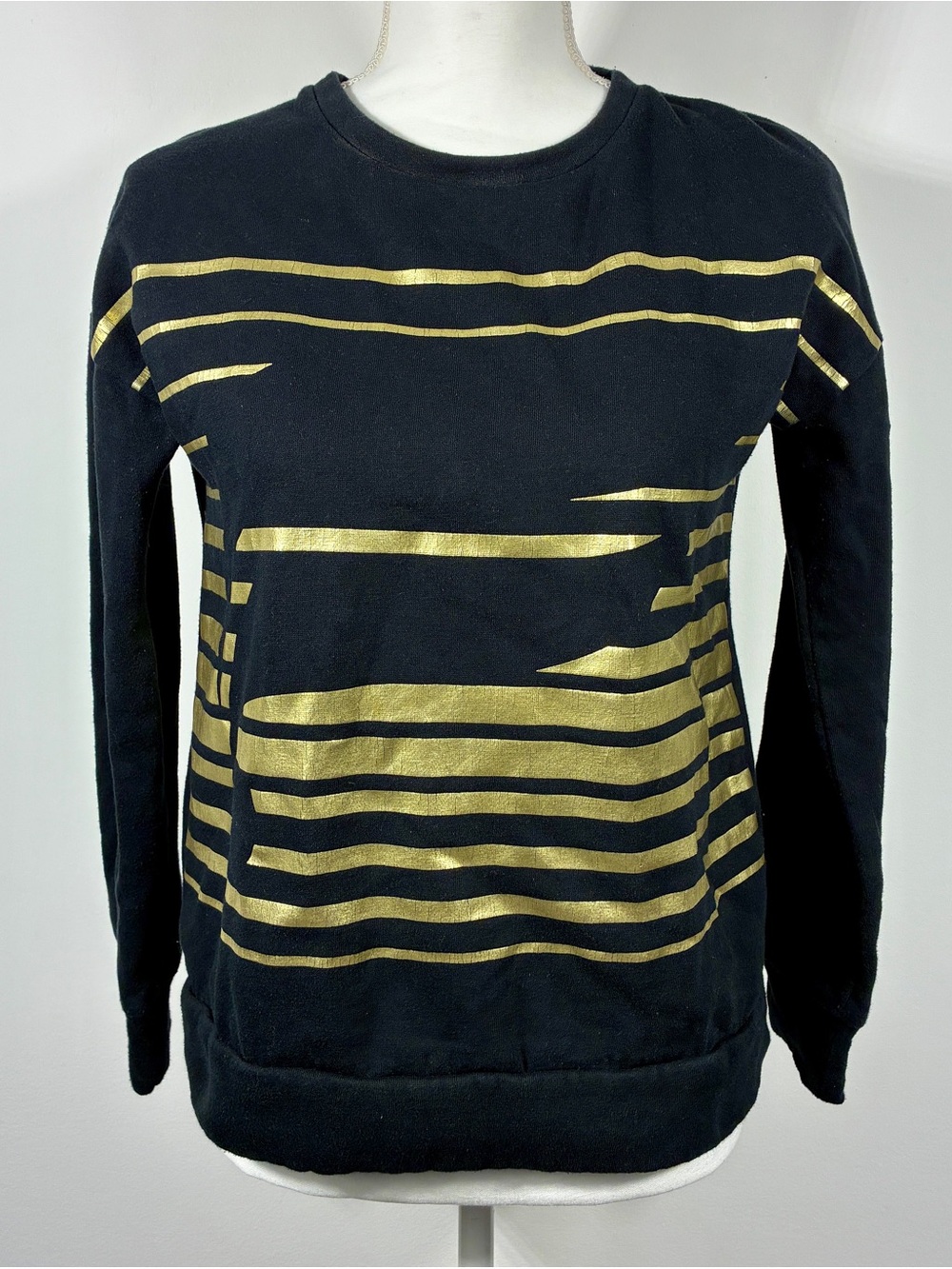 Fabletics Black Crewneck Sweater with Gold Stripes